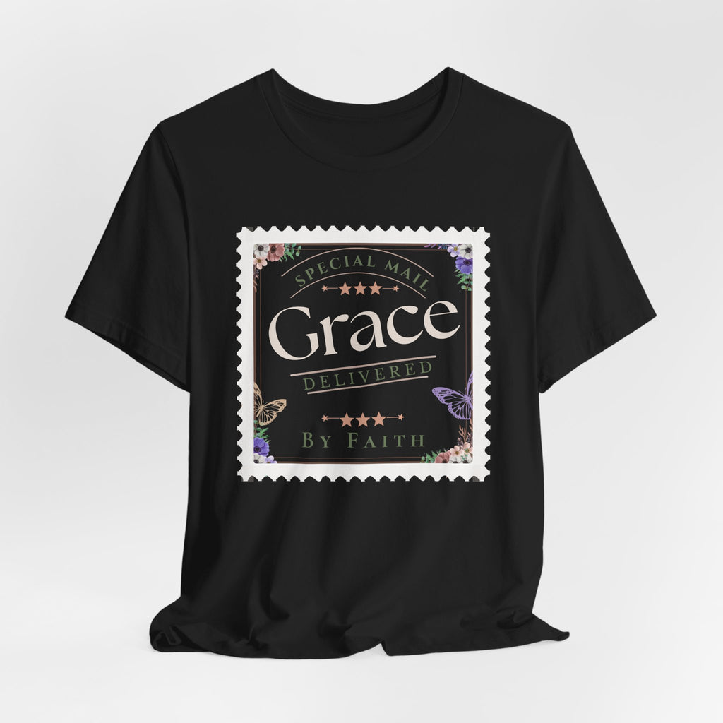 Grace Delivered By Faith Christian Graphic Tee – Vintage Postage Stamp Design
