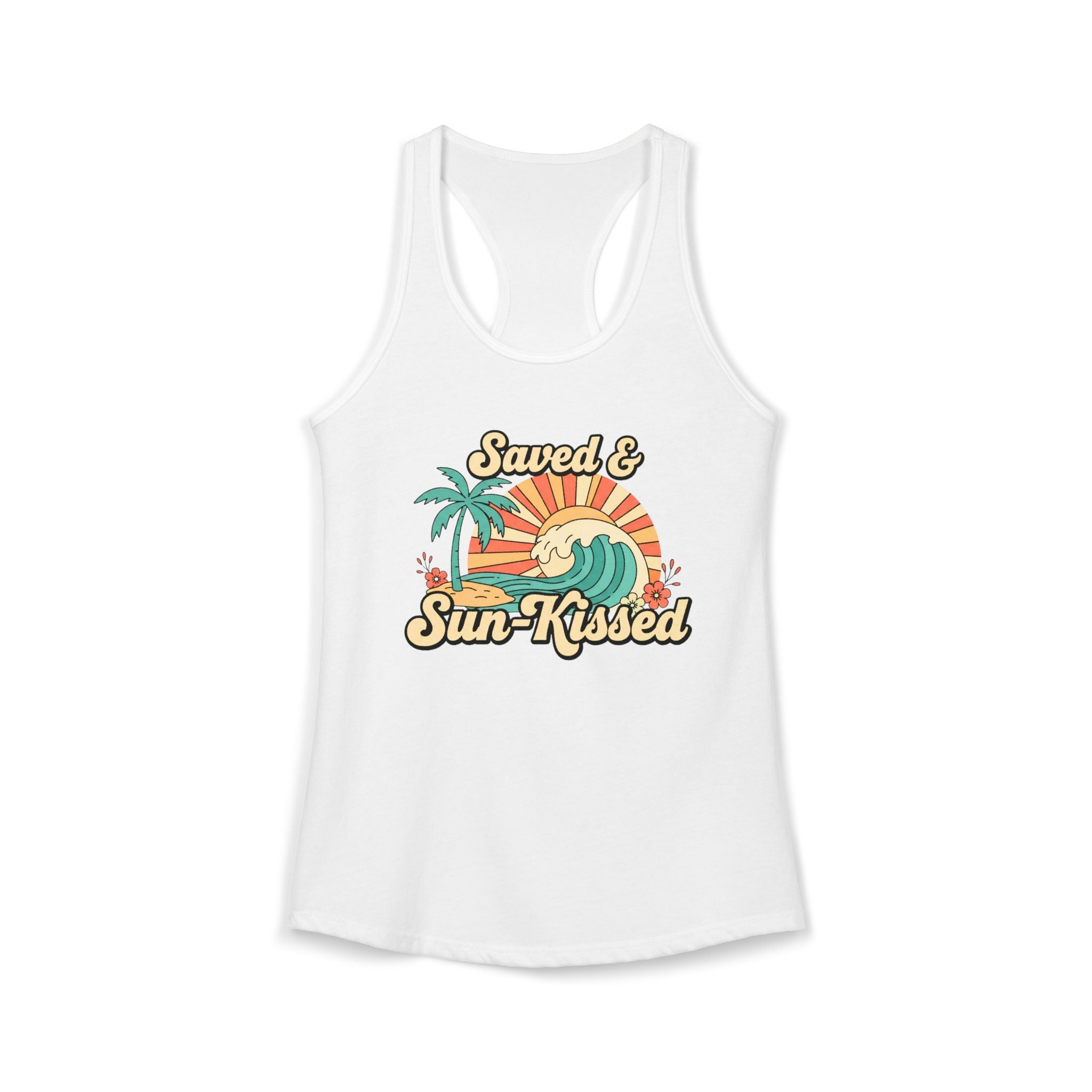 Saved & Sun-Kissed Racerback Tank – Faith-Based Summer Beach Tank for Women