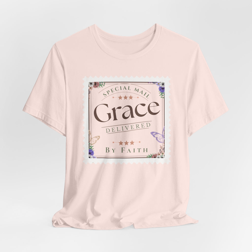 Grace Delivered By Faith Christian Graphic Tee – Vintage Postage Stamp Design
