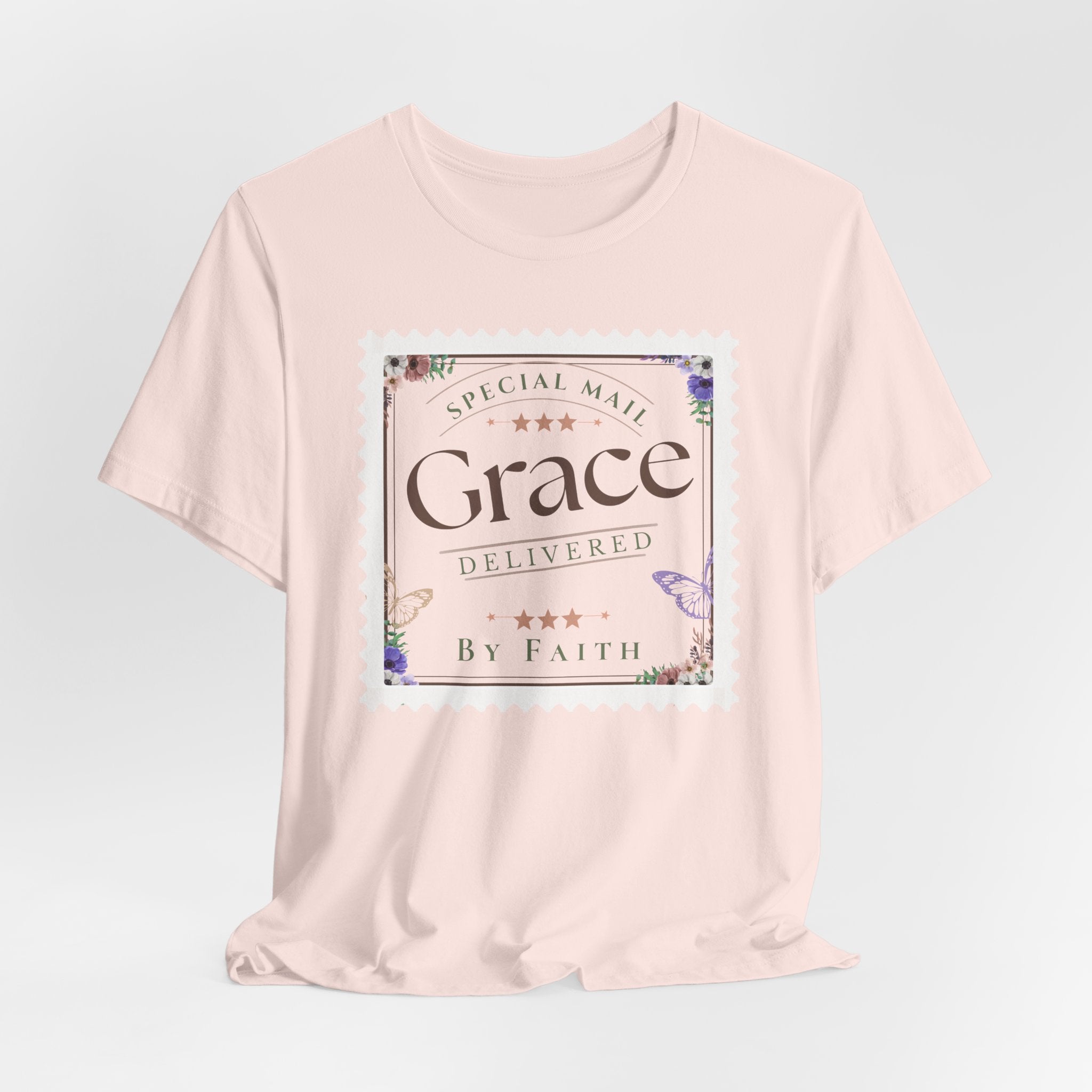 Grace Delivered By Faith Christian Graphic Tee – Vintage Postage Stamp Design
