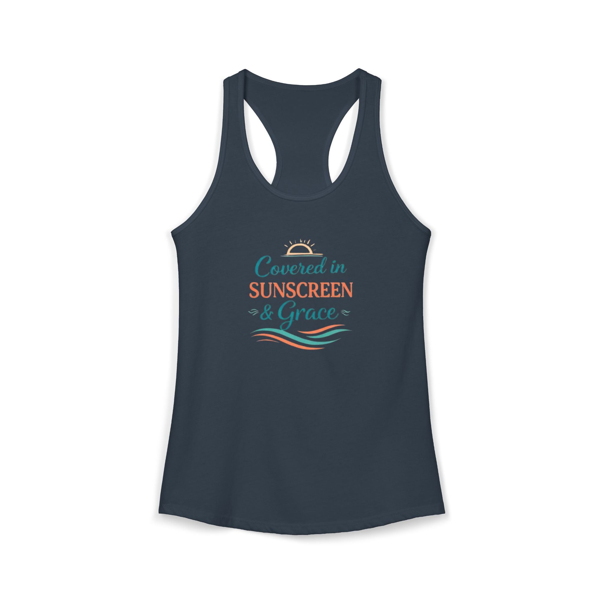 Covered in Sunscreen & Grace Racerback Tank – Faith-Based Summer Beach Tank for Women