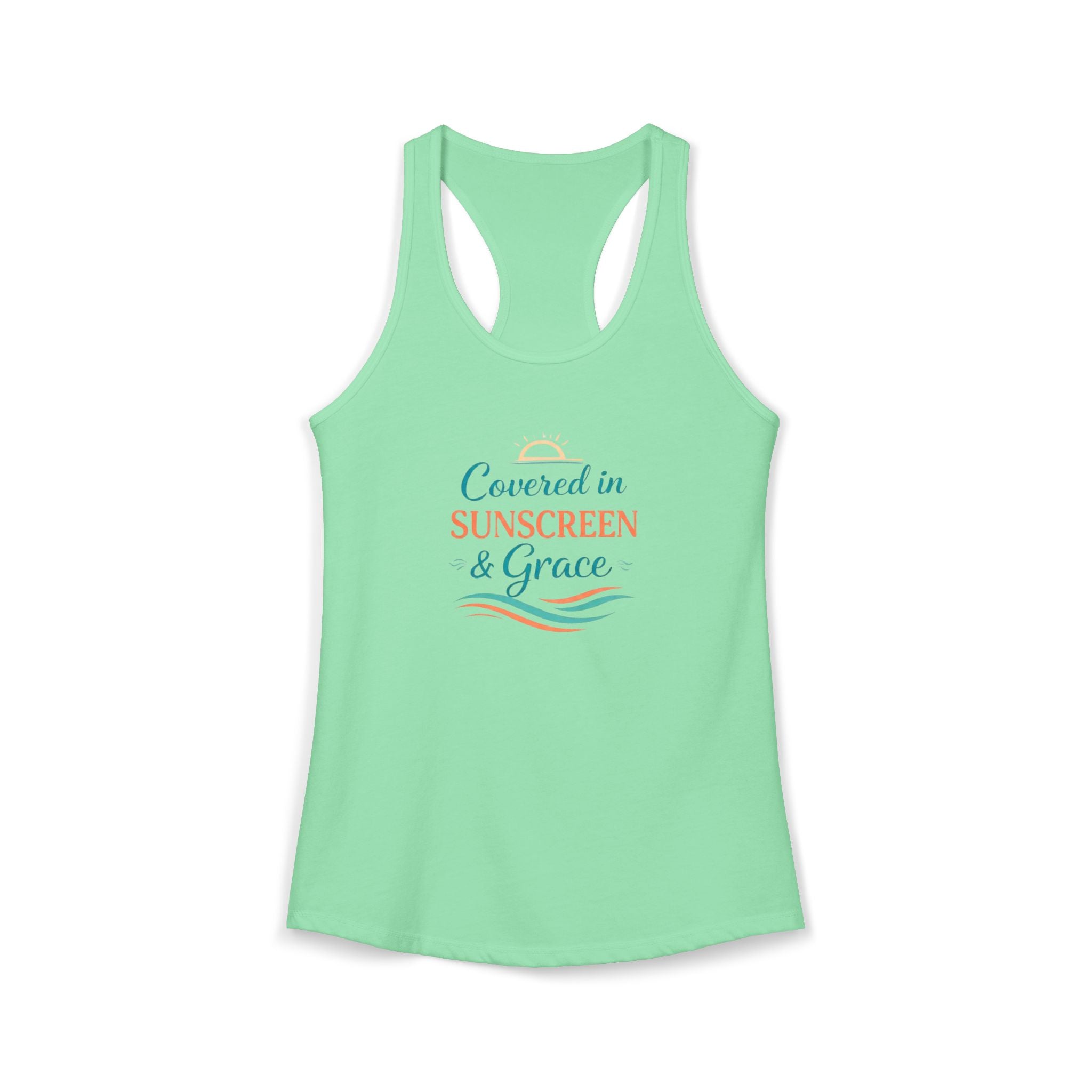 Covered in Sunscreen & Grace Racerback Tank – Faith-Based Summer Beach Tank for Women